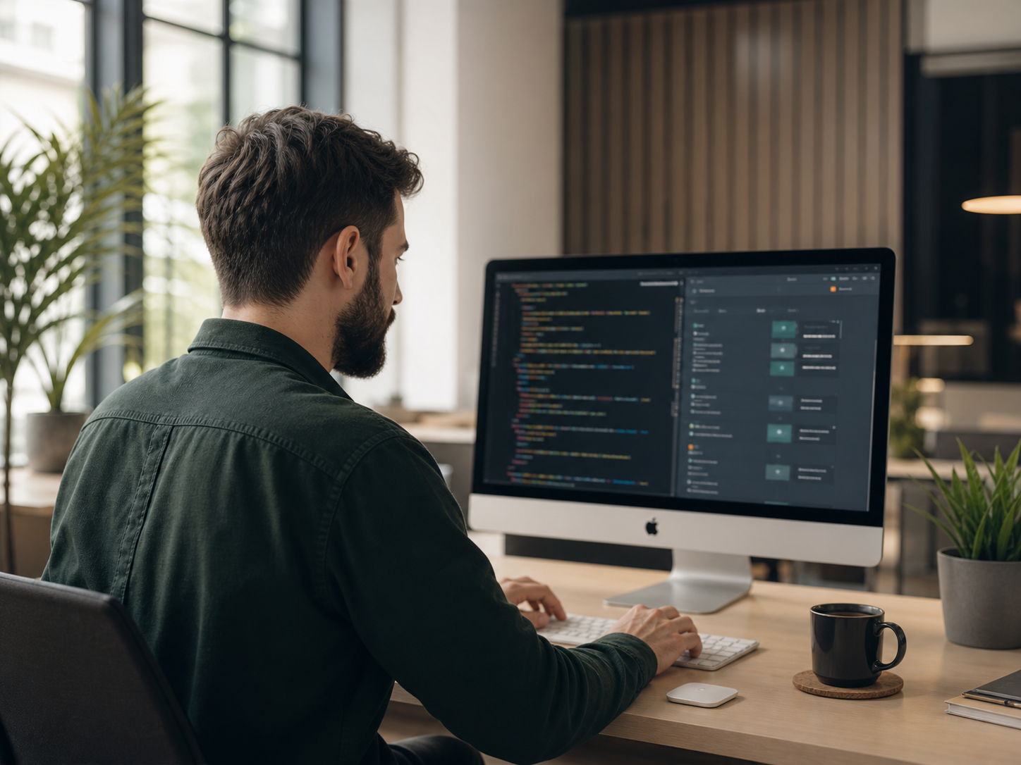 Dezvoltator RAI Solutions lucrând la un proiect pe un computer Mac